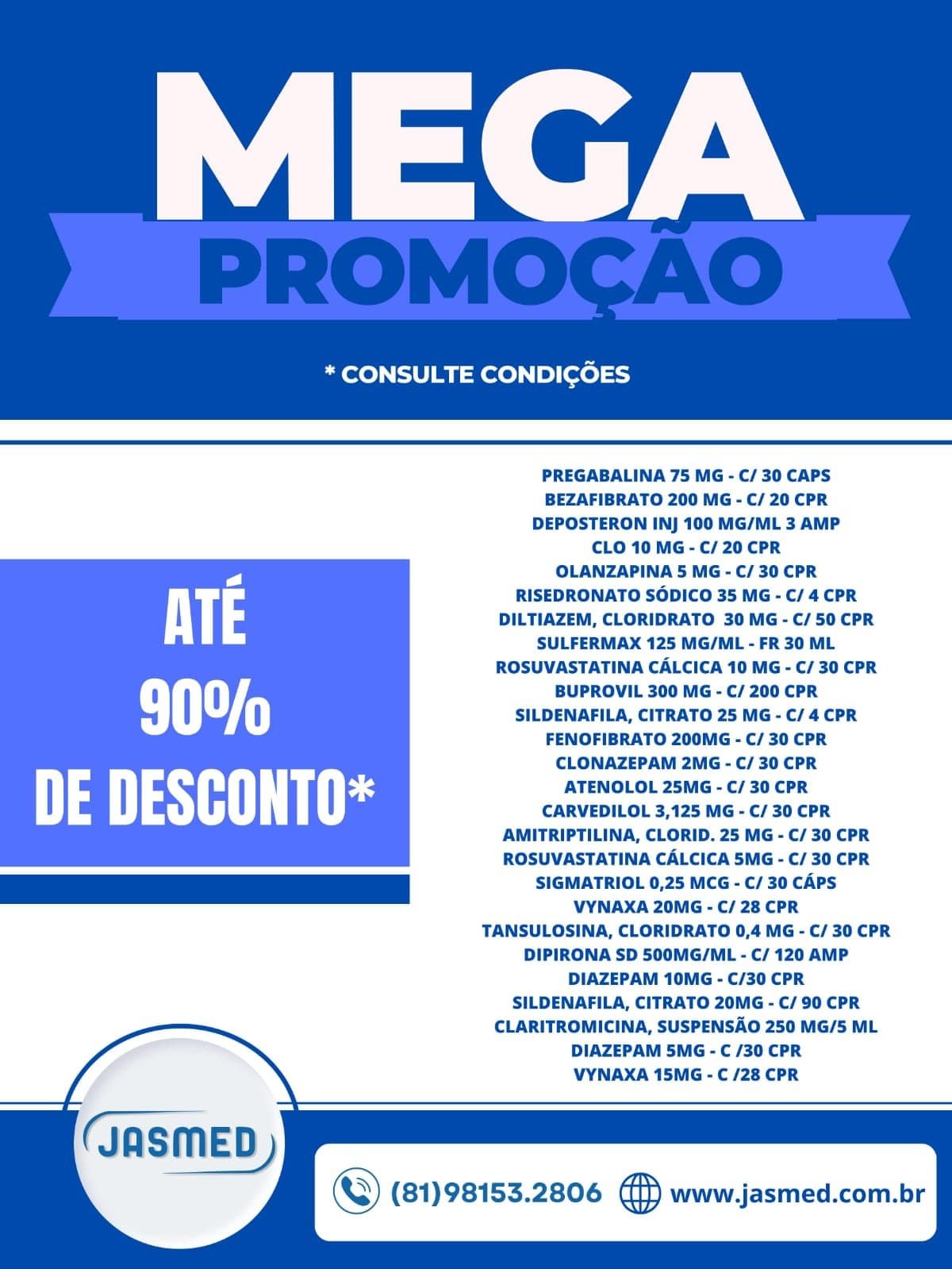 Encarte de promoções da Jasmed com os produtos e condições em destaque